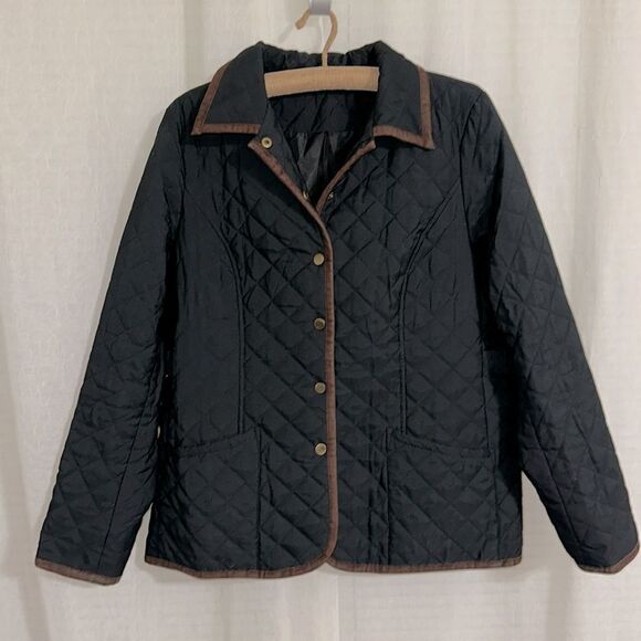 Joan Rivers L Quilted Navy Brown Faux Suede Trim Barn Snap Front Collared Jacket - Picture 1 of 16